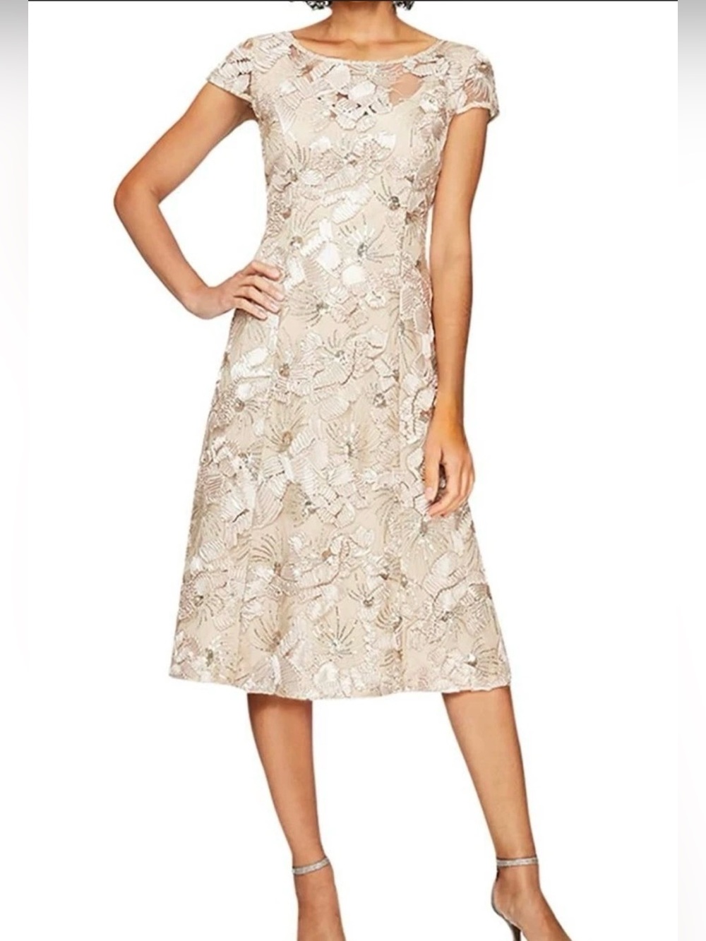 Alex Evenings Champagne/Gold Soutache Lace Dres Tea Length 12P New